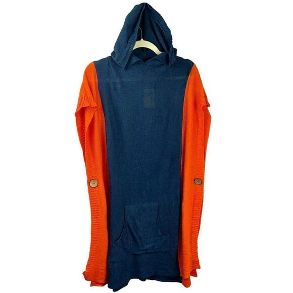 Fanfare Sweaters - NEW Fanfare Gameday Knit Poncho Hoodie Sweater Wrap One Size Orange Navy Blue